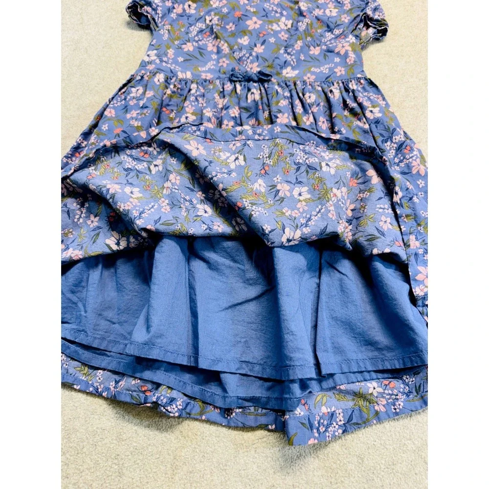 OshKosh‎ Bgosh Floral Dress Kids 4T Blue Short Sleeve Cotton Bow Back A-Line